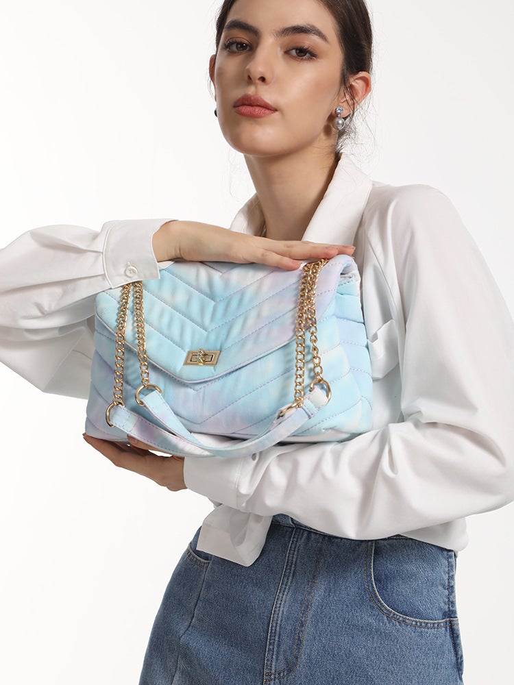 Tie-Dye Bag, Single Shoulder Crossbody Handbag For Women, Metal Chain Embroidered Bag, V-Shaped Versatile Underarm Bag - Image 4