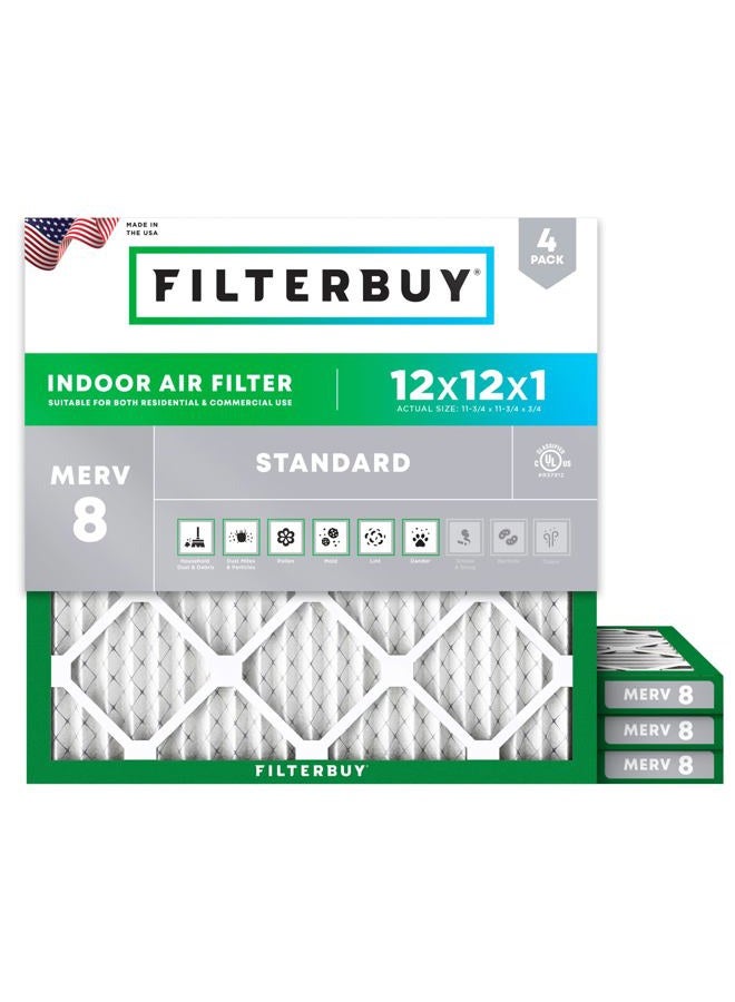Filterbuy 12x12x1 Air Filter MERV 8 Dust Defense (4-Pack), Pleated HVAC AC Furnace Air Filters Replacement (Actual Size: 11.69 x 11.69 x 0.75 Inches) - Image 1