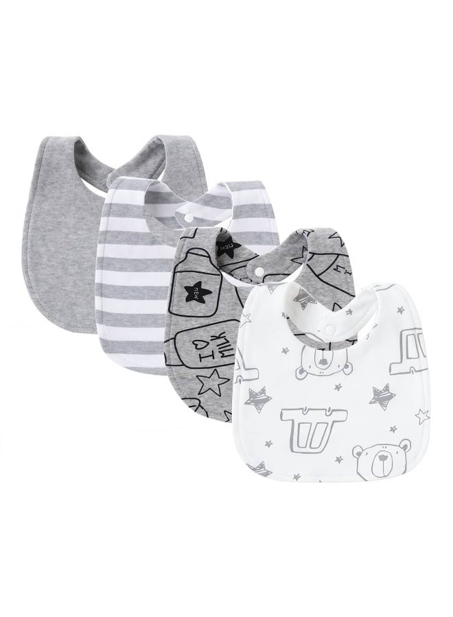 RooRound Baby Bibs 4 Pack - Soft & Absorbent 100% Cotton Adjustable Bibs for Newborn, Infant & Toddlers: Drooling, Teething, Feeding, Stain-Resistant A-Class Safe Neutral (Grey) - Image 1