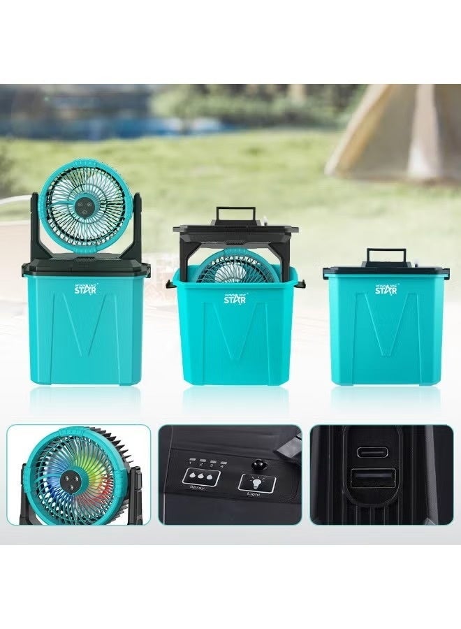 Winning Star Portable Rechargeable Camping Fan with LED Light and Storage Box, USB Powered Multi-Speed Cooling Fan for Outdoor Travel Picnic Emergency Home Office Use, Foldable Design - Blue/Black - Image 3