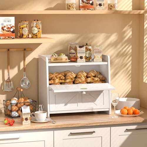 TQQDCI Bread Box for Kitchen Countertop, Double Layer Wooden Breadbox, Large Capacity Bread Storage Bin, Homemade Bread Storage Container, Farmhouse Breadbox Organizer, White - Image 3