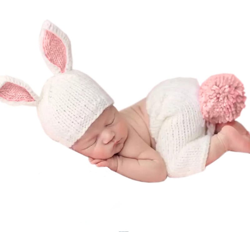 Vedory Newborn Baby Bunny Rabbit Crochet Knitted Photography Props Newborn Baby Outfits Diaper Costume (Beige) - Image 5