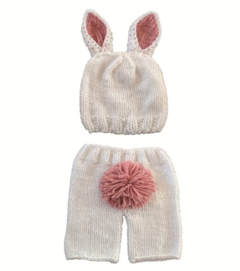 Vedory Newborn Baby Bunny Rabbit Crochet Knitted Photography Props Newborn Baby Outfits Diaper Costume (Beige) - Image 2