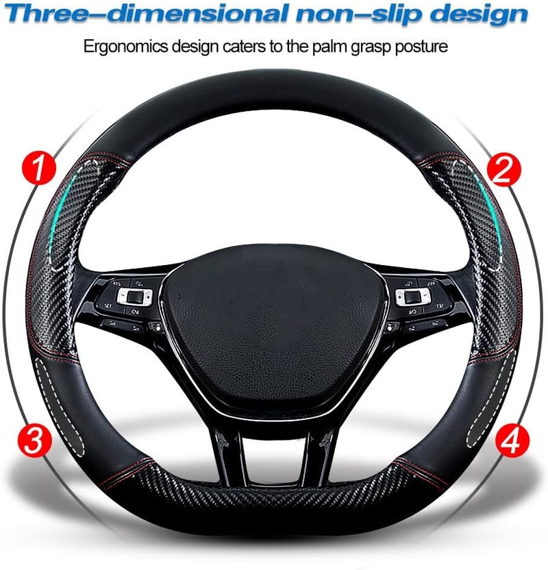 HAOTULE Car Carbon Fiber and Leather D-Shape Steering Wheel Cover, Stylish car Non-Slip Leather car Interior 15 inches Universal Black and Red - Image 3