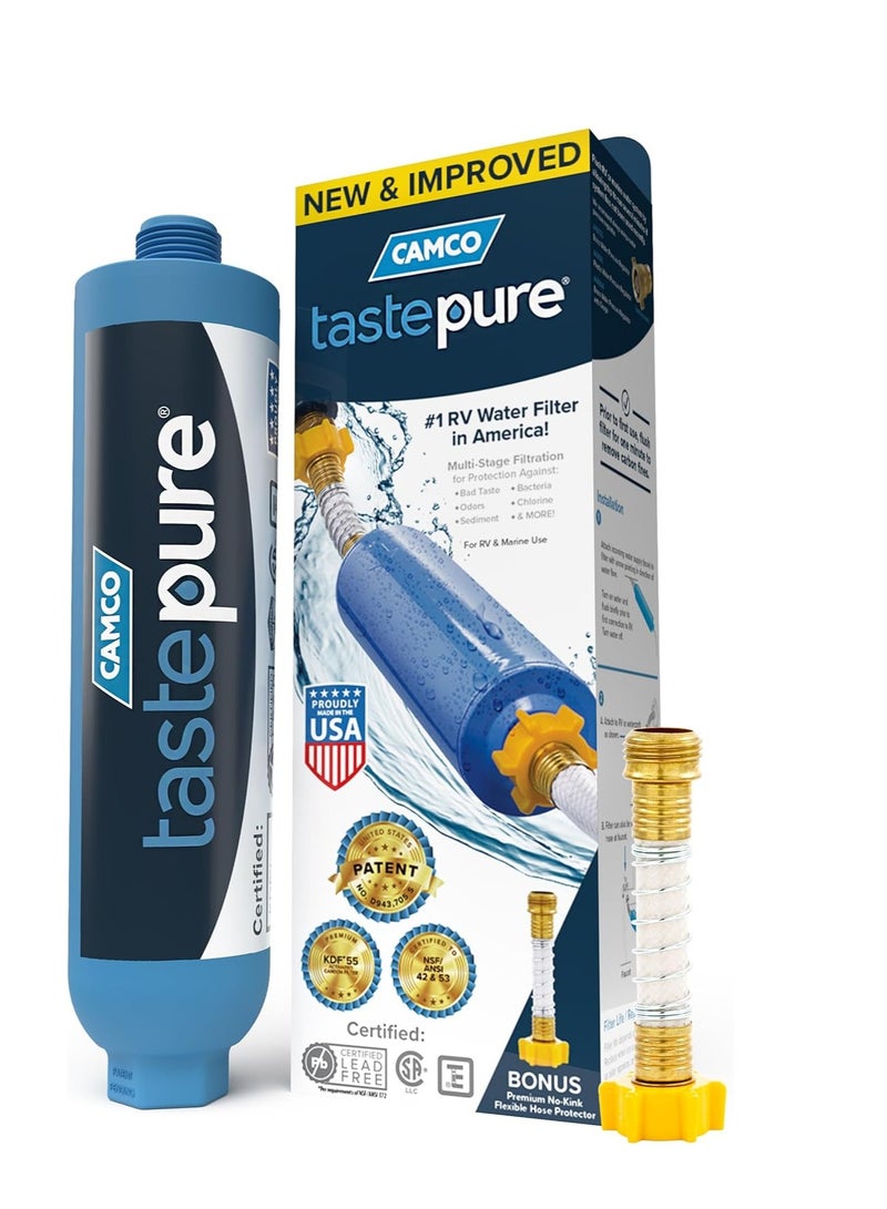 Camco Camco TastePURE RV Water Filter - New Advanced 6-Step Patent-Protected Filtration - Camping Essentials for Fresh Drinking Water - RV Inline Water Filter w/Flexible Hose Protector, Made in USA (40043) - Image 1