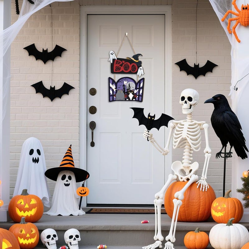 Aurlan Halloween Door Decoration,Halloween Black Cat Door Sign,Bats Black Cat Wall Decor,Haunted House Wall Hanging Ghost,Spider Web Boo Ghost Wall Plaque for Outdoor Indoor Porch Yard Home Party - Image 3