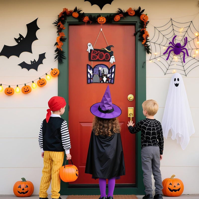 Aurlan Halloween Door Decoration,Halloween Black Cat Door Sign,Bats Black Cat Wall Decor,Haunted House Wall Hanging Ghost,Spider Web Boo Ghost Wall Plaque for Outdoor Indoor Porch Yard Home Party - Image 5