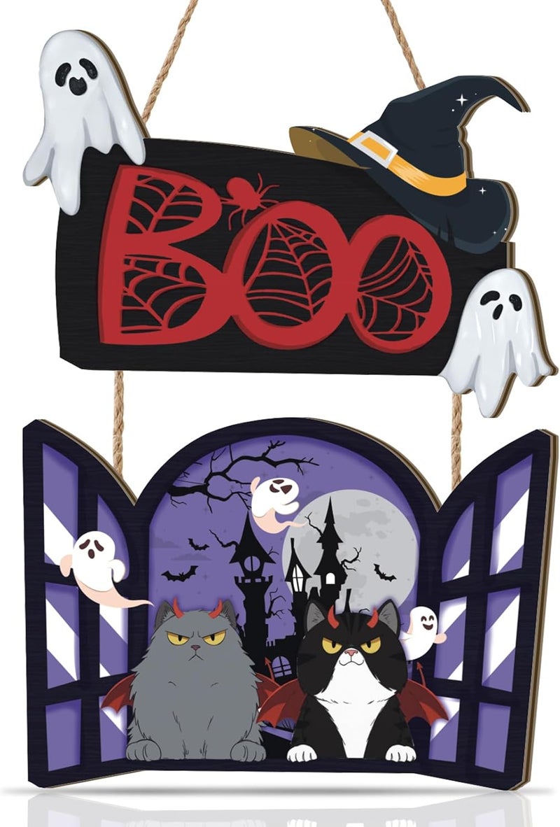 Aurlan Halloween Door Decoration,Halloween Black Cat Door Sign,Bats Black Cat Wall Decor,Haunted House Wall Hanging Ghost,Spider Web Boo Ghost Wall Plaque for Outdoor Indoor Porch Yard Home Party - Image 1