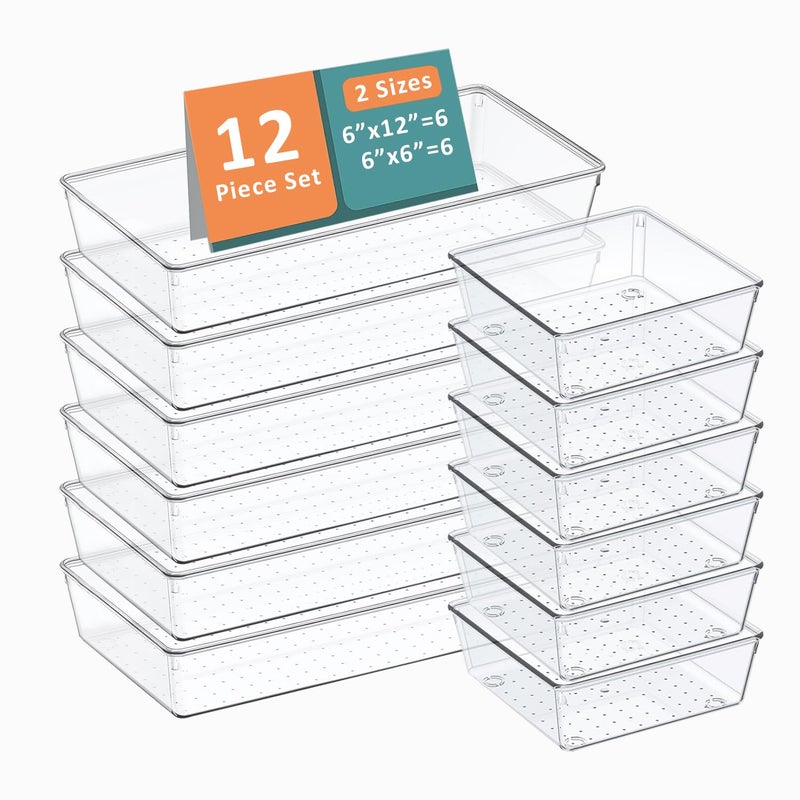 Kuber Industries 12 Pcs Set Multi-Purpose Transparent Drawer Organizers | Plastic Trays for Storage Kitchen & Aesthetic Dressing Table Organisers for Cosmetics, Makeup & Stationery | Transparent - Image 1