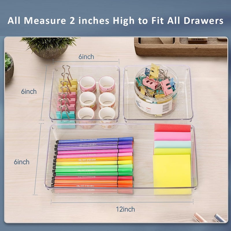 Kuber Industries 12 Pcs Set Multi-Purpose Transparent Drawer Organizers | Plastic Trays for Storage Kitchen & Aesthetic Dressing Table Organisers for Cosmetics, Makeup & Stationery | Transparent - Image 3
