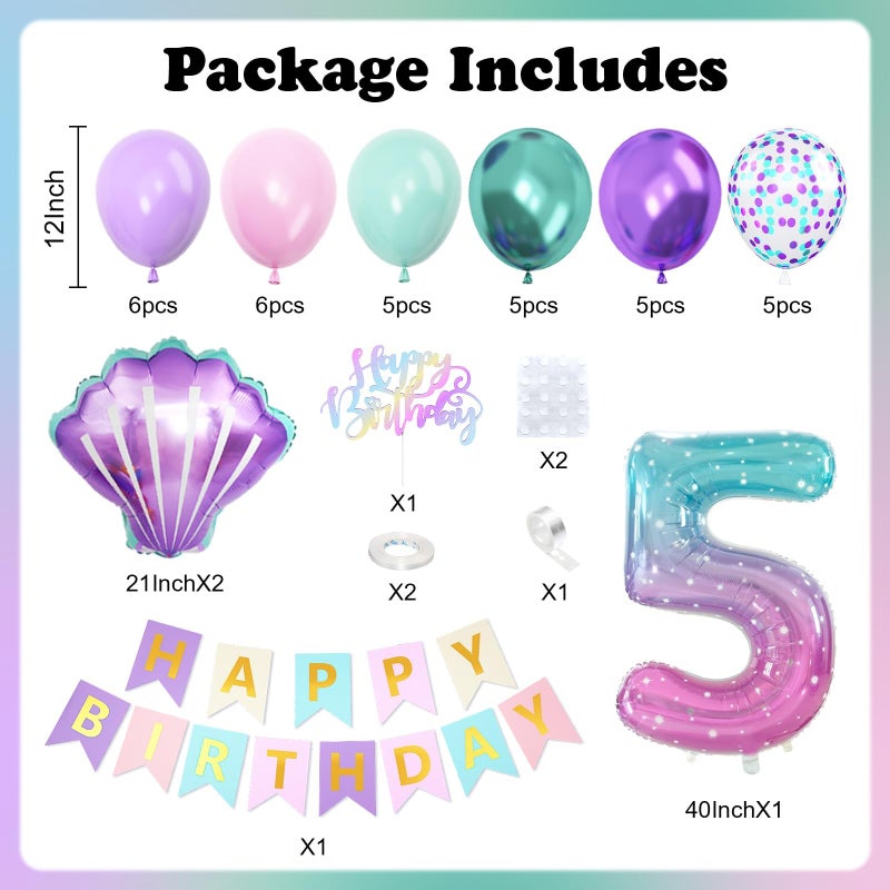 Vibzox 5th Mermaid Birthday Decoration for Girls,Pink Purple Green 5th Birthday Balloon Number 5 Seashell Foil Balloons Banner Mermaid Sea Party Decor Supplies for 5 Year Old - Image 2
