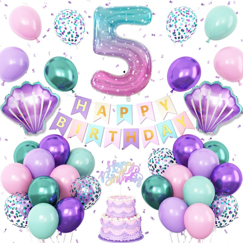 Vibzox 5th Mermaid Birthday Decoration for Girls,Pink Purple Green 5th Birthday Balloon Number 5 Seashell Foil Balloons Banner Mermaid Sea Party Decor Supplies for 5 Year Old - Image 1