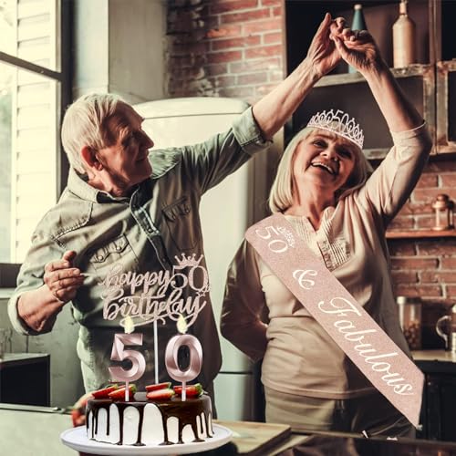 Juesly 50th Birthday Decorations for Women, Including 50th Birthday Sash and Crown, Cake Topper and Candles, 50 Year Old Gifts for Women - Image 2