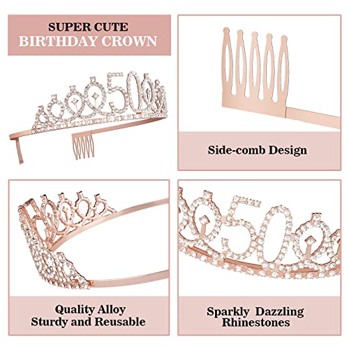Juesly 50th Birthday Decorations for Women, Including 50th Birthday Sash and Crown, Cake Topper and Candles, 50 Year Old Gifts for Women - Image 4