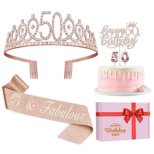 Juesly 50th Birthday Decorations for Women, Including 50th Birthday Sash and Crown, Cake Topper and Candles, 50 Year Old Gifts for Women - Image 1