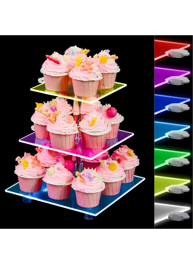 YestBuy Cupcake Stand - 3 Tier Cupcake Tower with Rechargeable Light- Acrylic Cupcake Holder for 24 Cupcakes-7 Color Cupcake Display Stand- Clear Dessert Display Stand for Weddings, Birthdays, and Special Occasions  - Image 1