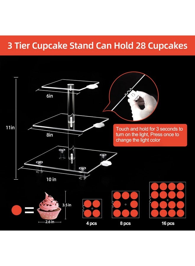 YestBuy Cupcake Stand - 3 Tier Cupcake Tower with Rechargeable Light- Acrylic Cupcake Holder for 24 Cupcakes-7 Color Cupcake Display Stand- Clear Dessert Display Stand for Weddings, Birthdays, and Special Occasions  - Image 5