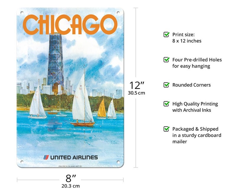 Pacifica Island Art Pacifica Island Art Chicago Illinois - John Hancock Center - United Airlines - Vintage Airline Travel Poster by Stanley Stan Dudek c.1980s - 8 x 12 inch Vintage Metal Tin Sign - Image 2