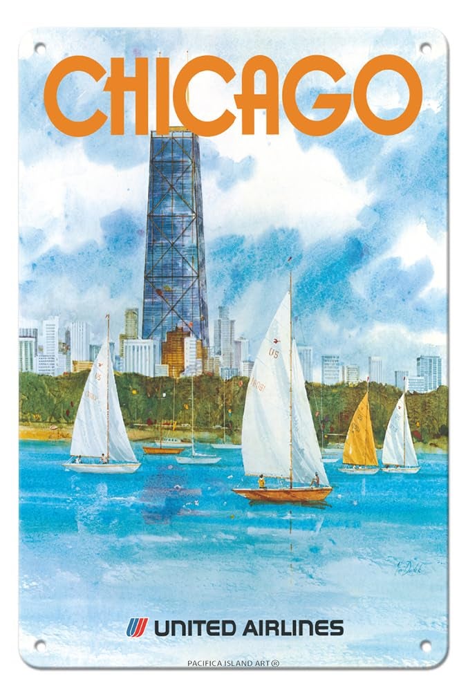 Pacifica Island Art Pacifica Island Art Chicago Illinois - John Hancock Center - United Airlines - Vintage Airline Travel Poster by Stanley Stan Dudek c.1980s - 8 x 12 inch Vintage Metal Tin Sign - Image 1