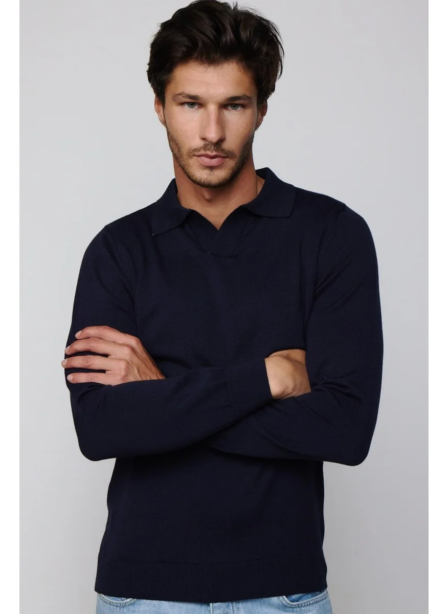 Tudors Slim Fit Narrow Cut Polo V-Neck Navy Blue Men's Knitwear Sweater