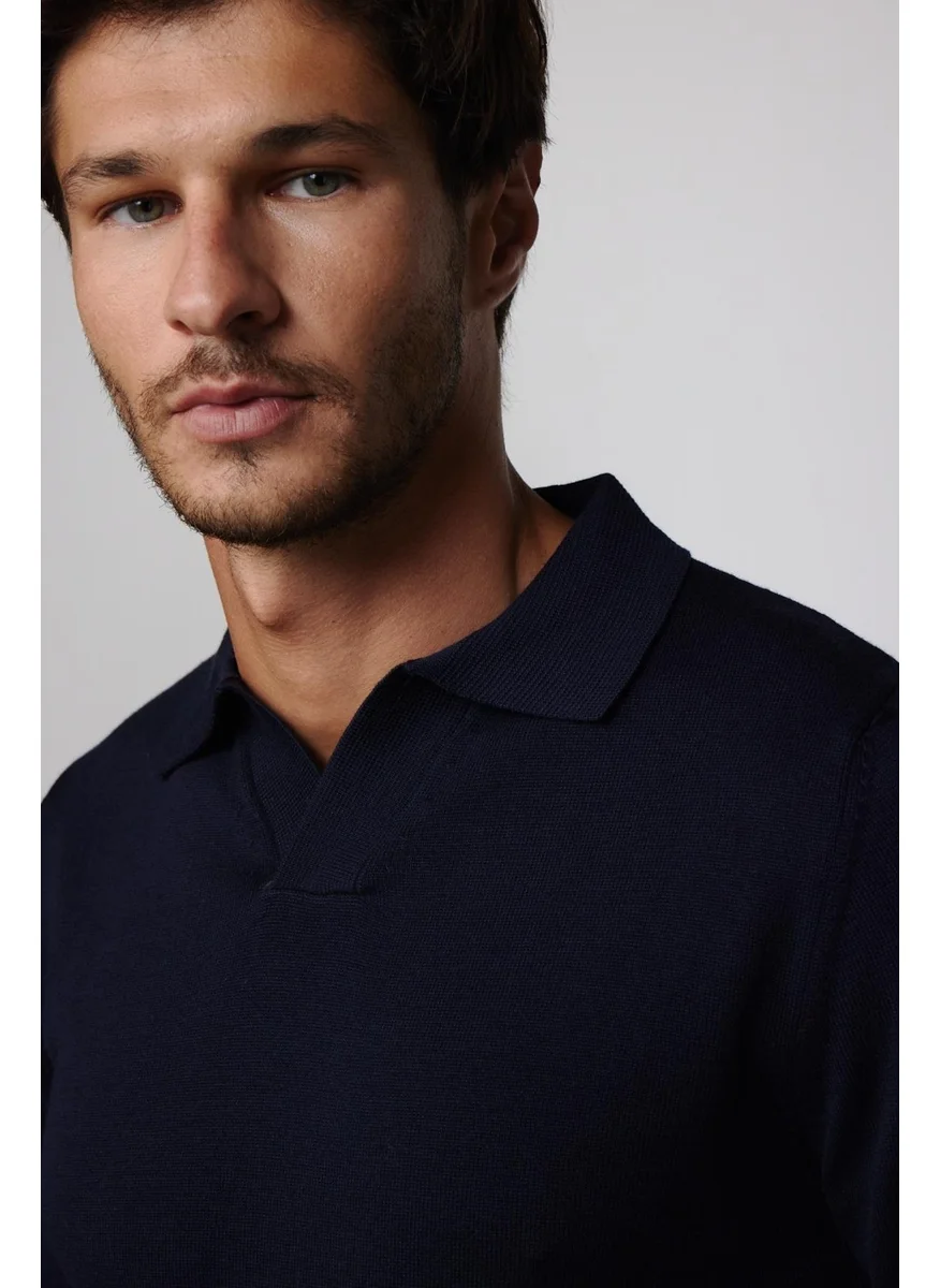 Tudors Slim Fit Narrow Cut Polo V-Neck Navy Blue Men's Knitwear Sweater