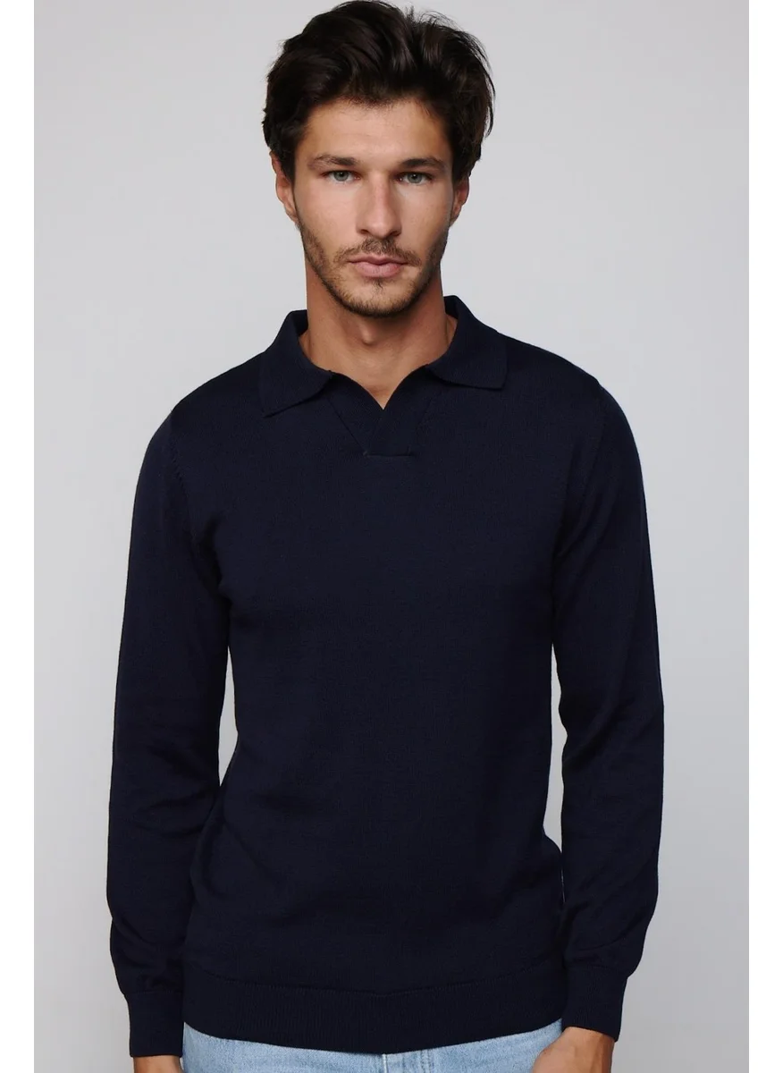 Tudors Slim Fit Narrow Cut Polo V-Neck Navy Blue Men's Knitwear Sweater