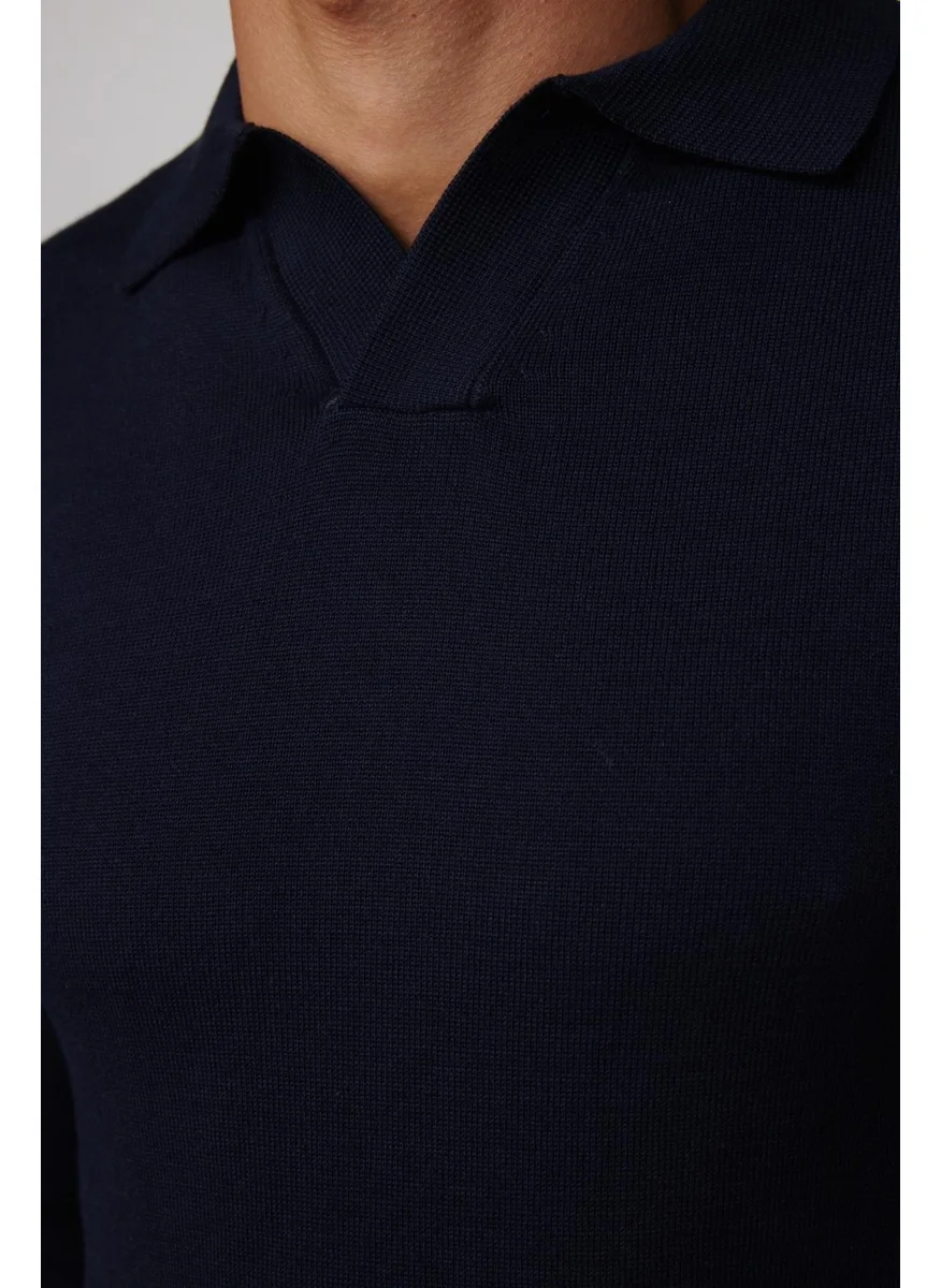 Tudors Slim Fit Narrow Cut Polo V-Neck Navy Blue Men's Knitwear Sweater
