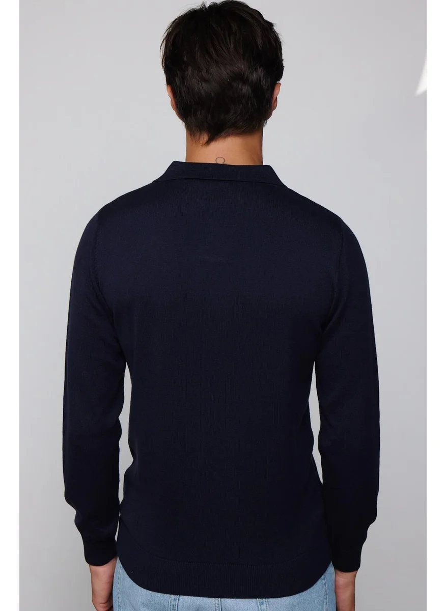 Tudors Slim Fit Narrow Cut Polo V-Neck Navy Blue Men's Knitwear Sweater