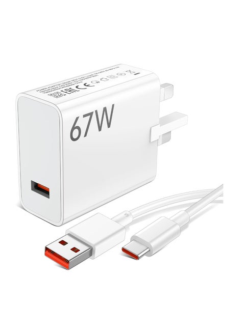 67W USB Plug Charger, USB Fast Charger Plug with USB C Charging Cable 1M,UK Charger Power Adapter Compatible with Xiao Mi 15/14/14T/13T/12X/11T/Pad 7/6/X7/X6 , Also Compatible with Redmi K80/K70/K60/K50/Note 14/13/12/11/10 Pro