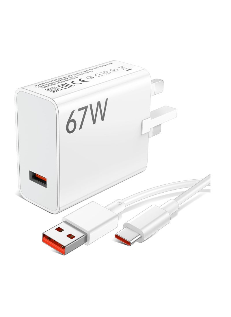 Generic - 67W USB Plug Charger, USB Fast Charger Plug with USB C Charging Cable 1M,UK Charger Power Adapter Compatible with Xiao Mi 15/14/14T/13T/12X/11T/Pad 7/6/X7/X6 , Also Compatible with Redmi K80/K70/K60/K50/Note 14/13/12/11/10 Pro - Image 1