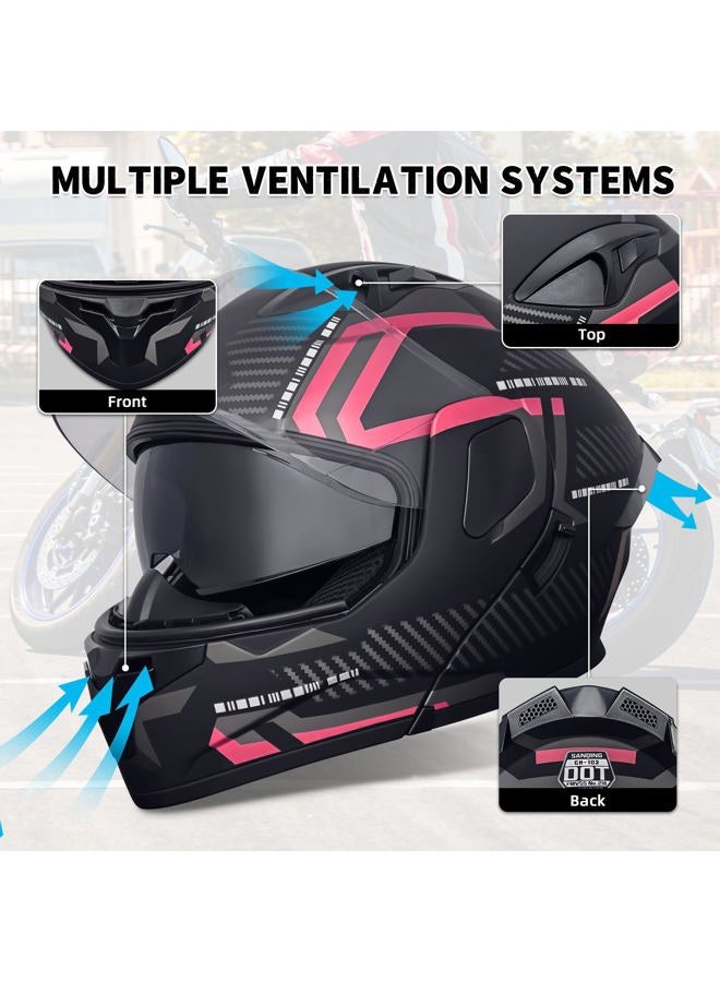 SanQing Modular Flip-Up Dual Visor Motorcycle Helmets Full Face Adults Motor-Bike BMX Four Wheels Helmets for Men Women DOT Approved (Pink Small) - Image 5