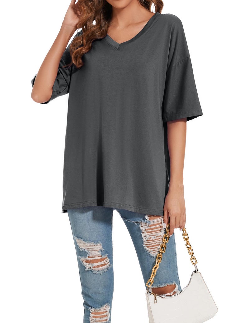 Larmliss Women's Oversized T Shirts V Neck Tees Summer Half Sleeve Casual Comfy Cozy Cotton Tunic Tops Plus Size 2024 - Image 4