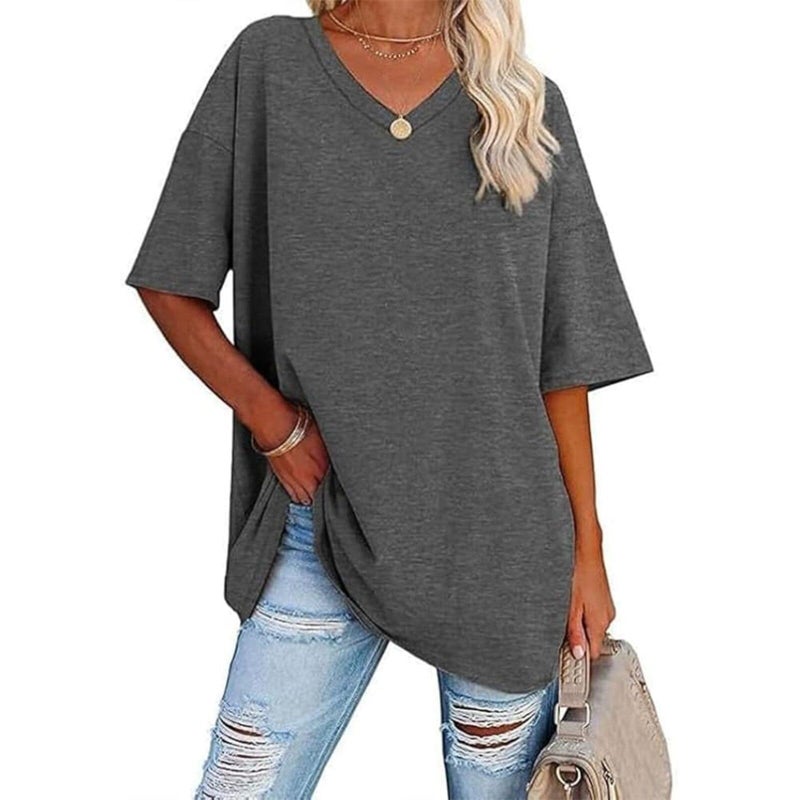 Larmliss Women's Oversized T Shirts V Neck Tees Summer Half Sleeve Casual Comfy Cozy Cotton Tunic Tops Plus Size 2024 - Image 1