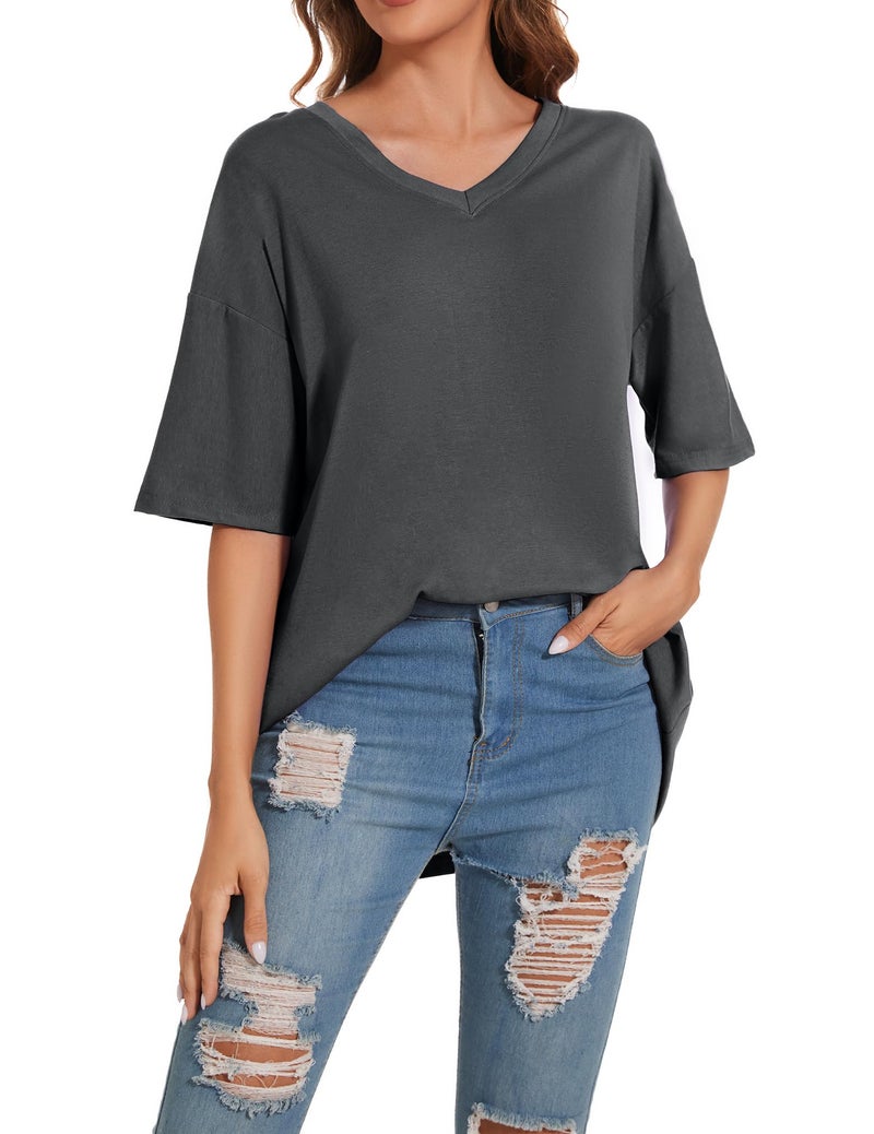 Larmliss Women's Oversized T Shirts V Neck Tees Summer Half Sleeve Casual Comfy Cozy Cotton Tunic Tops Plus Size 2024 - Image 5
