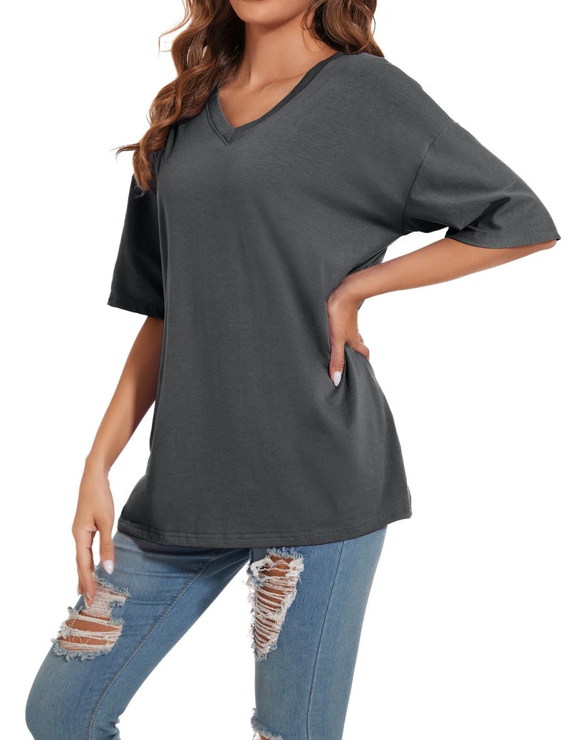 Larmliss Women's Oversized T Shirts V Neck Tees Summer Half Sleeve Casual Comfy Cozy Cotton Tunic Tops Plus Size 2024 - Image 2