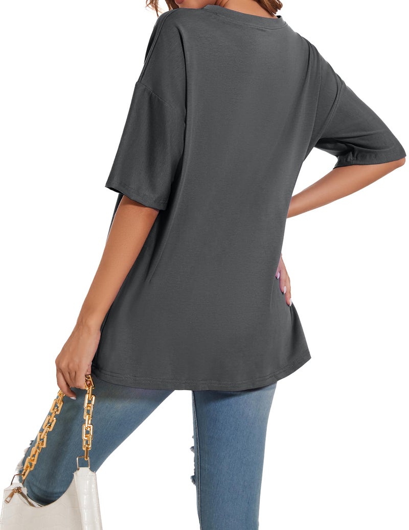 Larmliss Women's Oversized T Shirts V Neck Tees Summer Half Sleeve Casual Comfy Cozy Cotton Tunic Tops Plus Size 2024 - Image 3