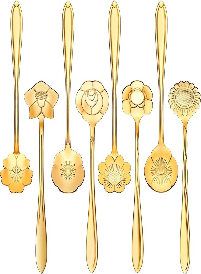 Styllent 8 Pack Gold Flower Design Dessert Spoon Set of 8 Stainless Steel Tea Coffee Ice Cream Spoons Floral Pattern Luxury Cutlery for Home Kitchen Dining Café Restaurant Wedding Gifting (8) - Image 1