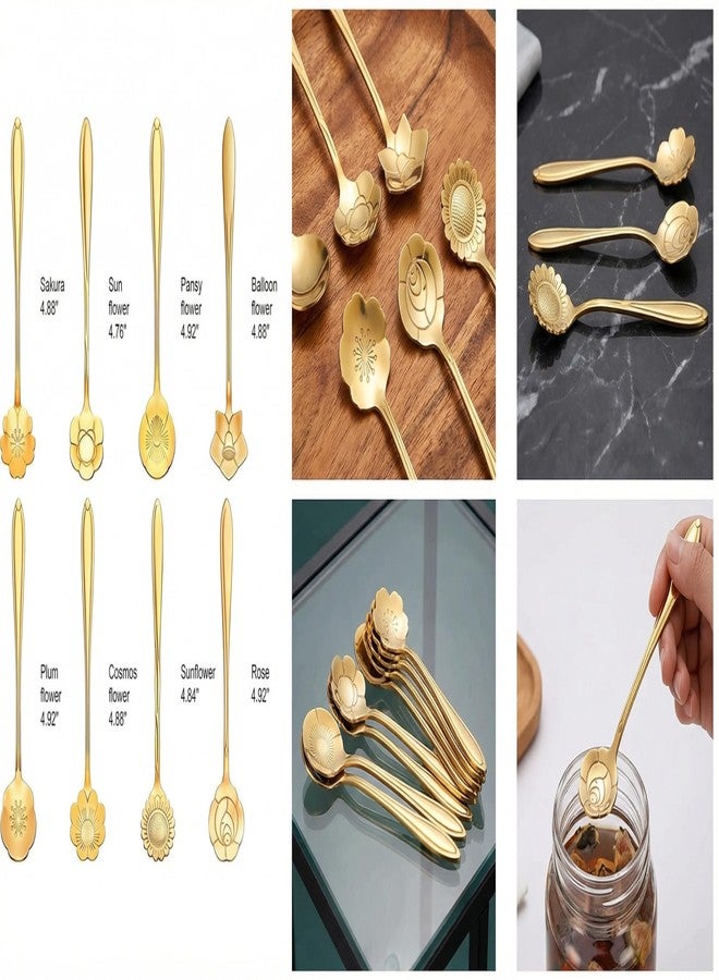 Styllent 8 Pack Gold Flower Design Dessert Spoon Set of 8 Stainless Steel Tea Coffee Ice Cream Spoons Floral Pattern Luxury Cutlery for Home Kitchen Dining Café Restaurant Wedding Gifting (8) - Image 4