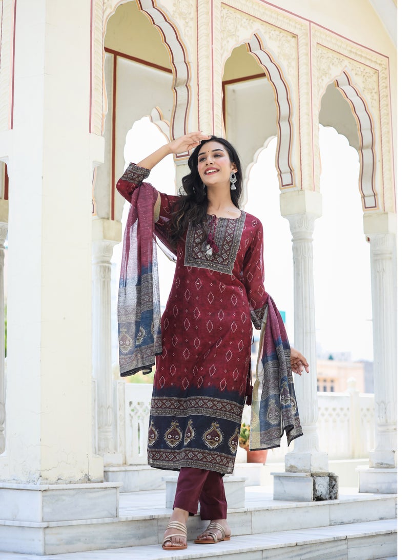Swadesh Souq Maroon Chanderi Kurta Pant Set with Dupatta - Image 1