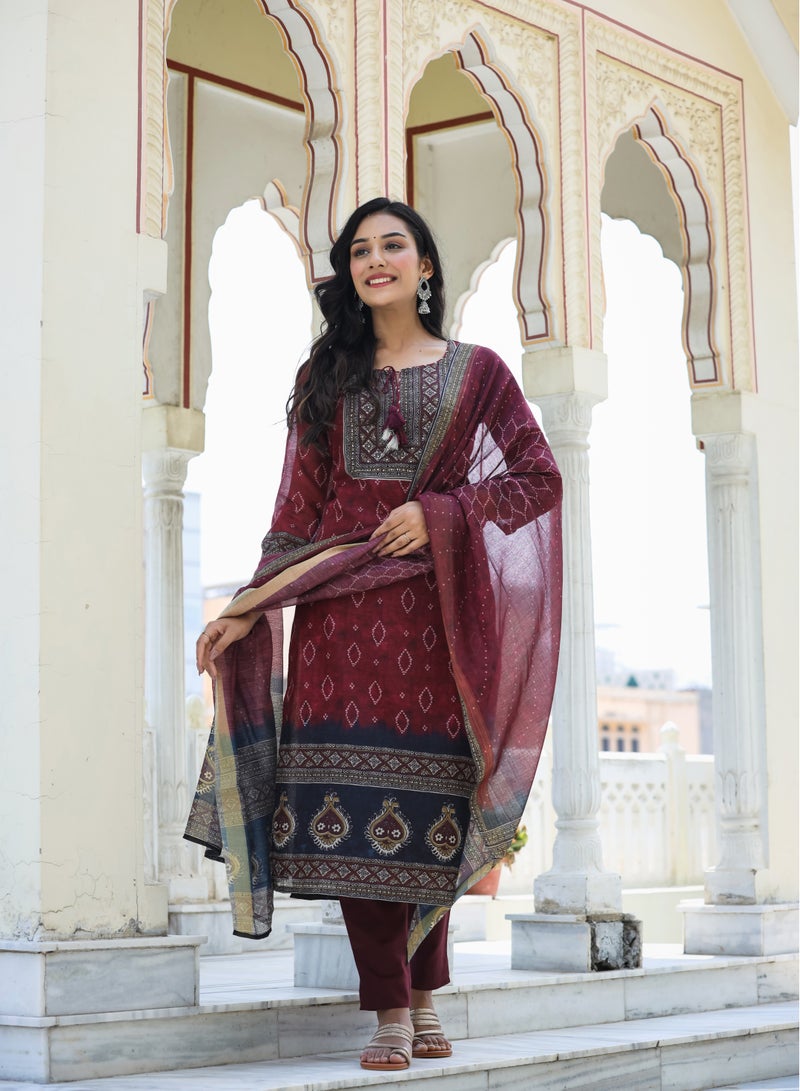 Swadesh Souq Maroon Chanderi Kurta Pant Set with Dupatta - Image 2