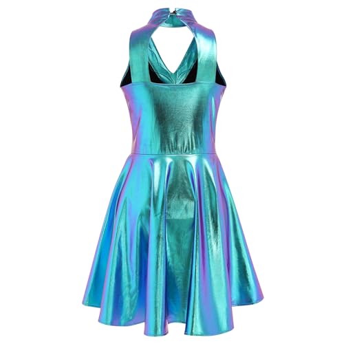 ODASDO Women Trapeze Artist Fancy Dress Circus Costume Woman Holographic Metallic Jumpsuit Onepiece Bodysuit Mock Neck Leotard Dress Gymnastic Talent Show Ballet Dancewear Stage Performace Blue L - Image 3