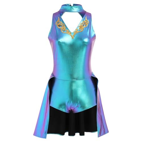ODASDO Women Trapeze Artist Fancy Dress Circus Costume Woman Holographic Metallic Jumpsuit Onepiece Bodysuit Mock Neck Leotard Dress Gymnastic Talent Show Ballet Dancewear Stage Performace Blue L - Image 1