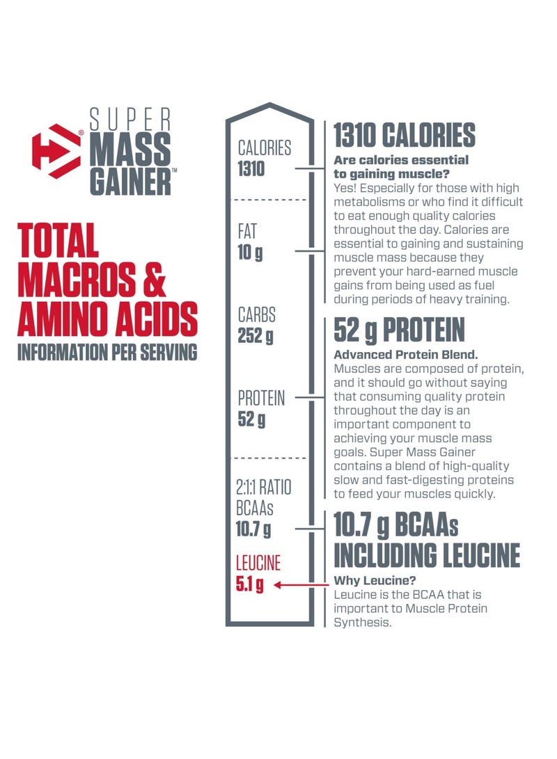 ديماتيز مكمل غذائي Super Mass Gainer بمزيج عالي من البروتين والكربوهيدرات، بنكهة الفانيليا اللذيذة، 12 رطلاً - Image 2