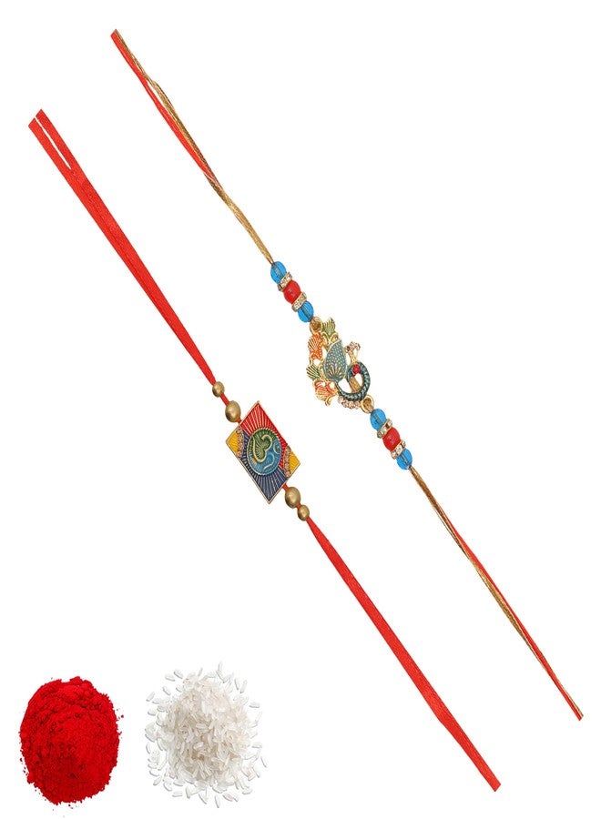 Vientiq Men's Set of 2 Rakhi for Brother Om Rudraksh & Peacock Rakhi Traditional Rakshabandhan with Roli Chawal - Image 1