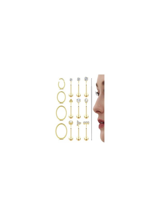 Florideco 14K Gold Filled Nose Rings - 316L Surgical Steel CZ Threadless Studs for Women & Men - Push-in Flat Back Nose Rings for Nostril, Tragus, Helix Piercing, 18G-6MM Bar, Stainless Steel, no - Image 1