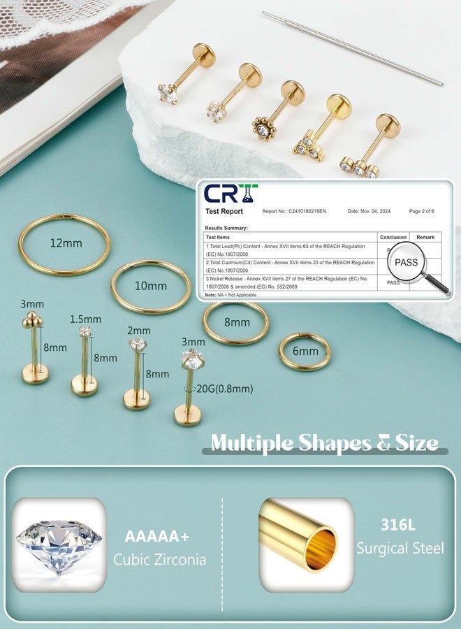 Florideco 14K Gold Filled Nose Rings - 316L Surgical Steel CZ Threadless Studs for Women & Men - Push-in Flat Back Nose Rings for Nostril, Tragus, Helix Piercing, 18G-6MM Bar, Stainless Steel, no - Image 2