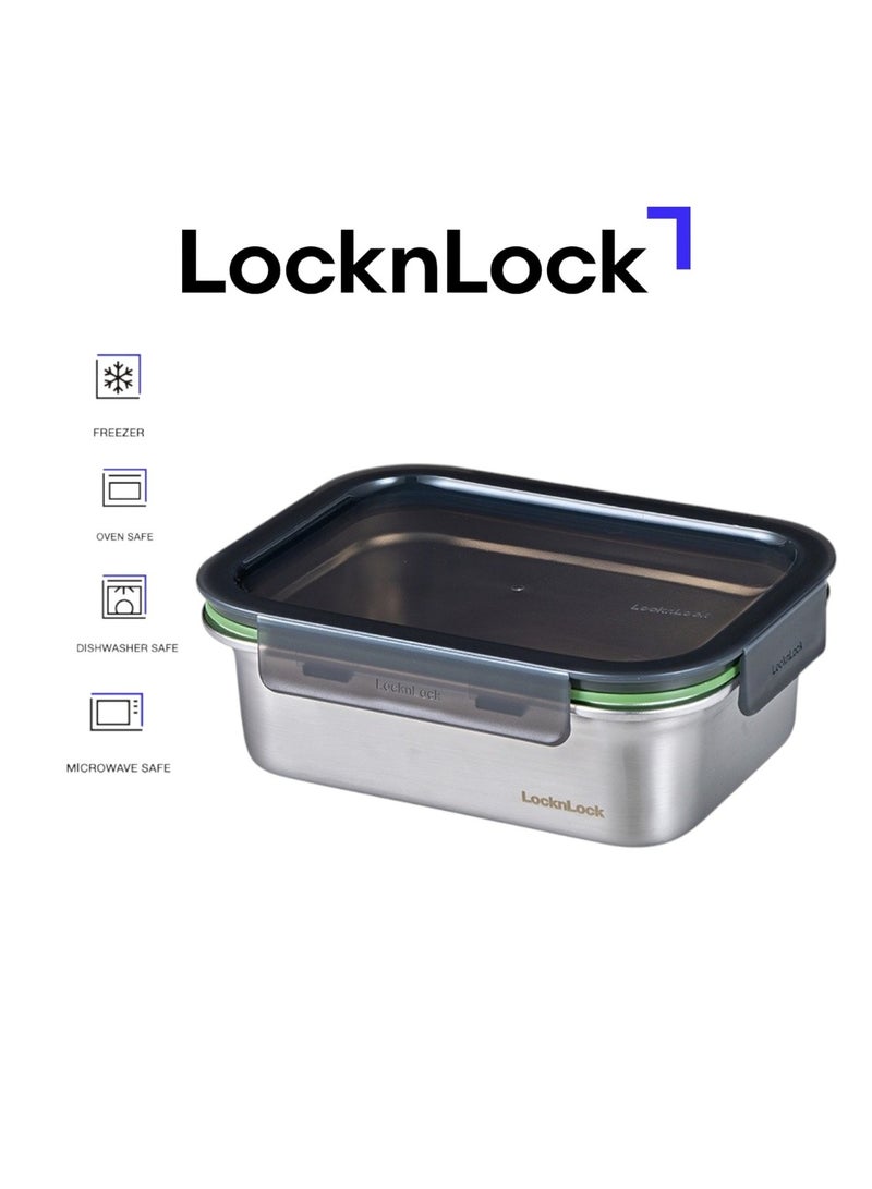 LocknLock Stainless Steel Stackable Food Container Rectangle 1.2L – Four-Side Locking Lid, Durable & Leakproof, Oven & Freezer Safe - Image 1