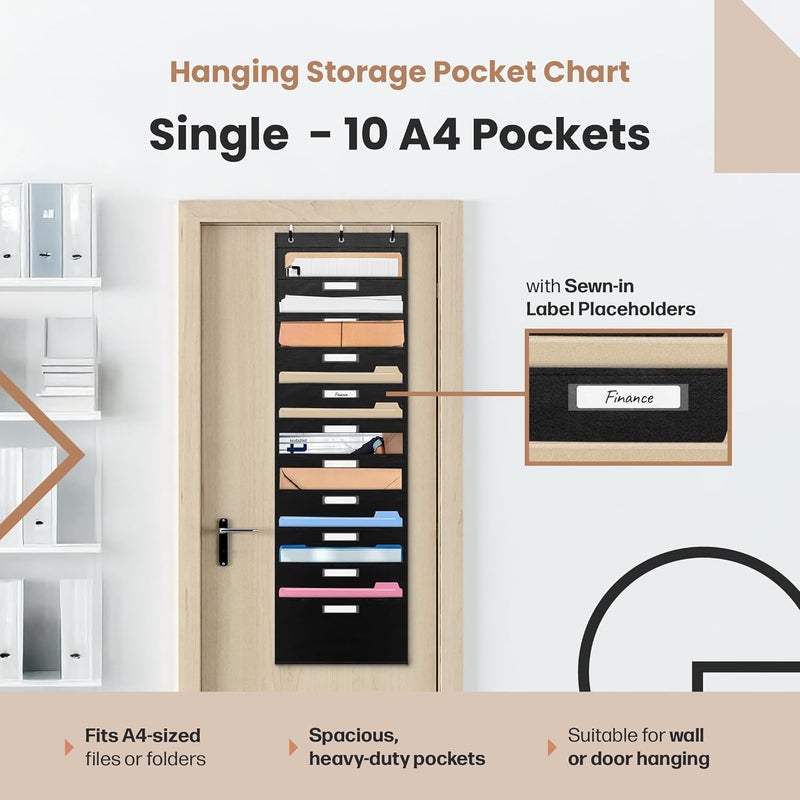 Hippo Creation Black Pocket Chart for Classroom - 10 Pocket Storage Rainbow Pocket Charts , 3 Over Door Hangers Included, Hanging Wall File Organizer for File Folders, School Mailbox, Home/Office Papers - Image 2