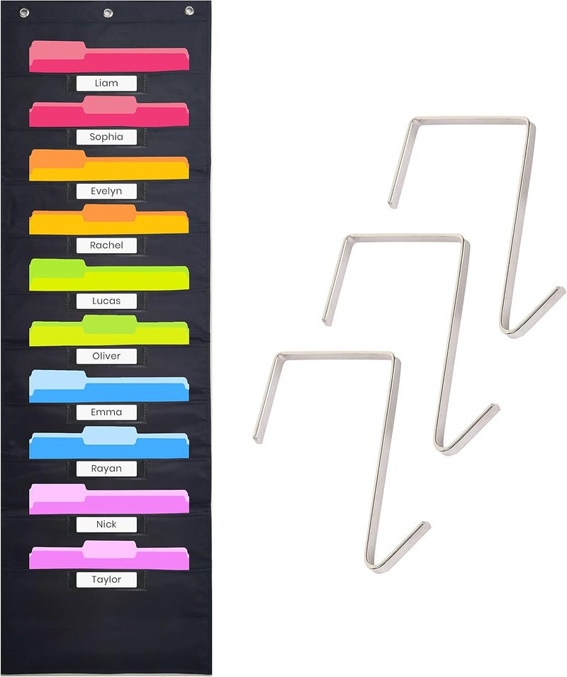 Hippo Creation Black Pocket Chart for Classroom - 10 Pocket Storage Rainbow Pocket Charts , 3 Over Door Hangers Included, Hanging Wall File Organizer for File Folders, School Mailbox, Home/Office Papers - Image 1
