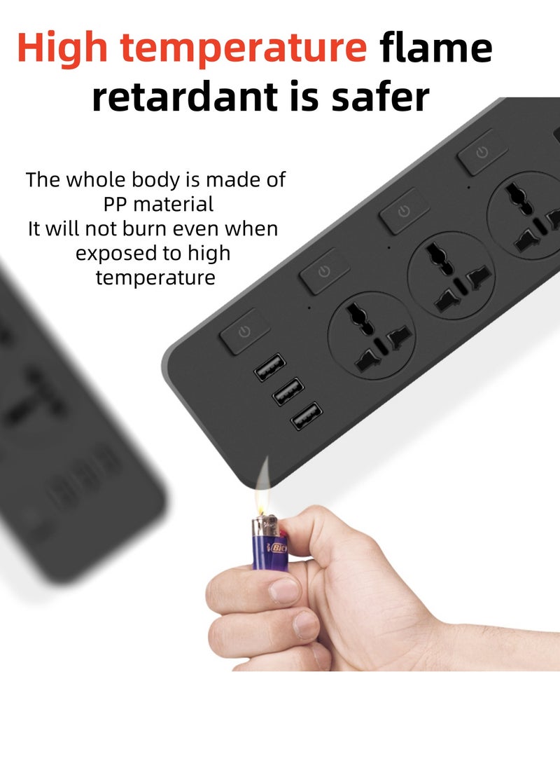 POWER - Power Strips Extension Cord 3 Outlets, Universal Plug Adapter with 3 USB Ports Surge Protector, Charging Socket with 2M Universal Extension Lead with Multiple Function - Image 1